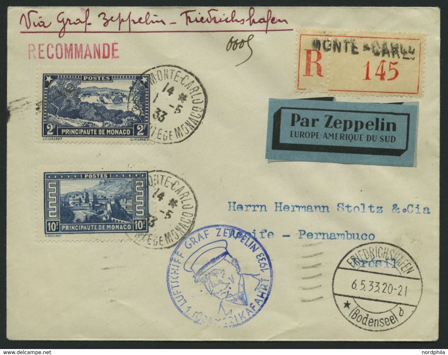ZULEITUNGSPOST 202 BRIEF, Monaco: 1933, 1. Südamerikafahrt, Einschreibbrief, Pracht, Gepr. Simon - Zeppelins