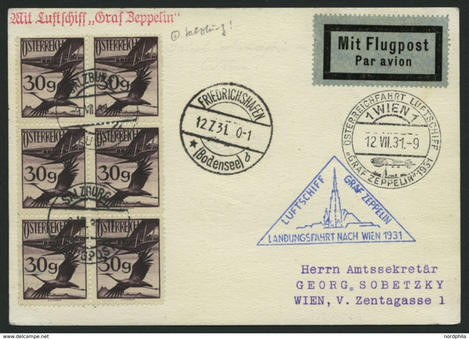 ZULEITUNGSPOST 116 BRIEF, Österreich: 1931, Österreichfahrt, über Fr`hafen Nach Wien, Prachtkarte - Zeppelins