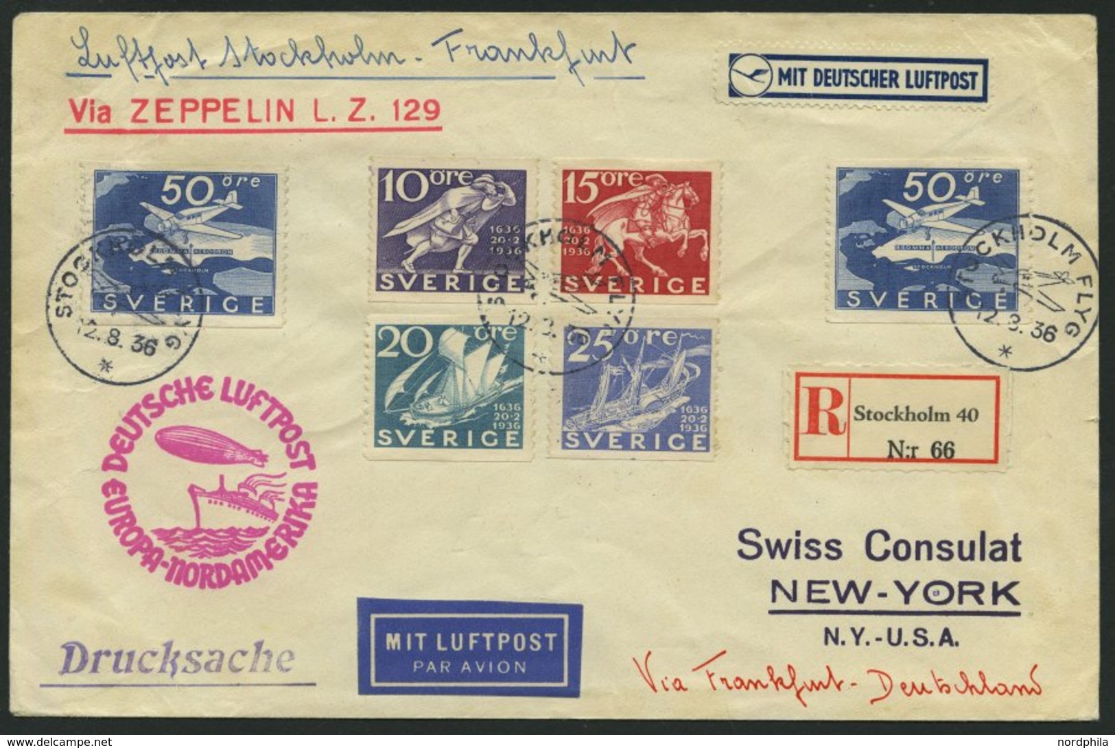 ZULEITUNGSPOST 430 BRIEF, Schweden: 1936, 7. Nordamerikafahrt, Drucksache, Einschreibbrief, Pracht - Zeppelins