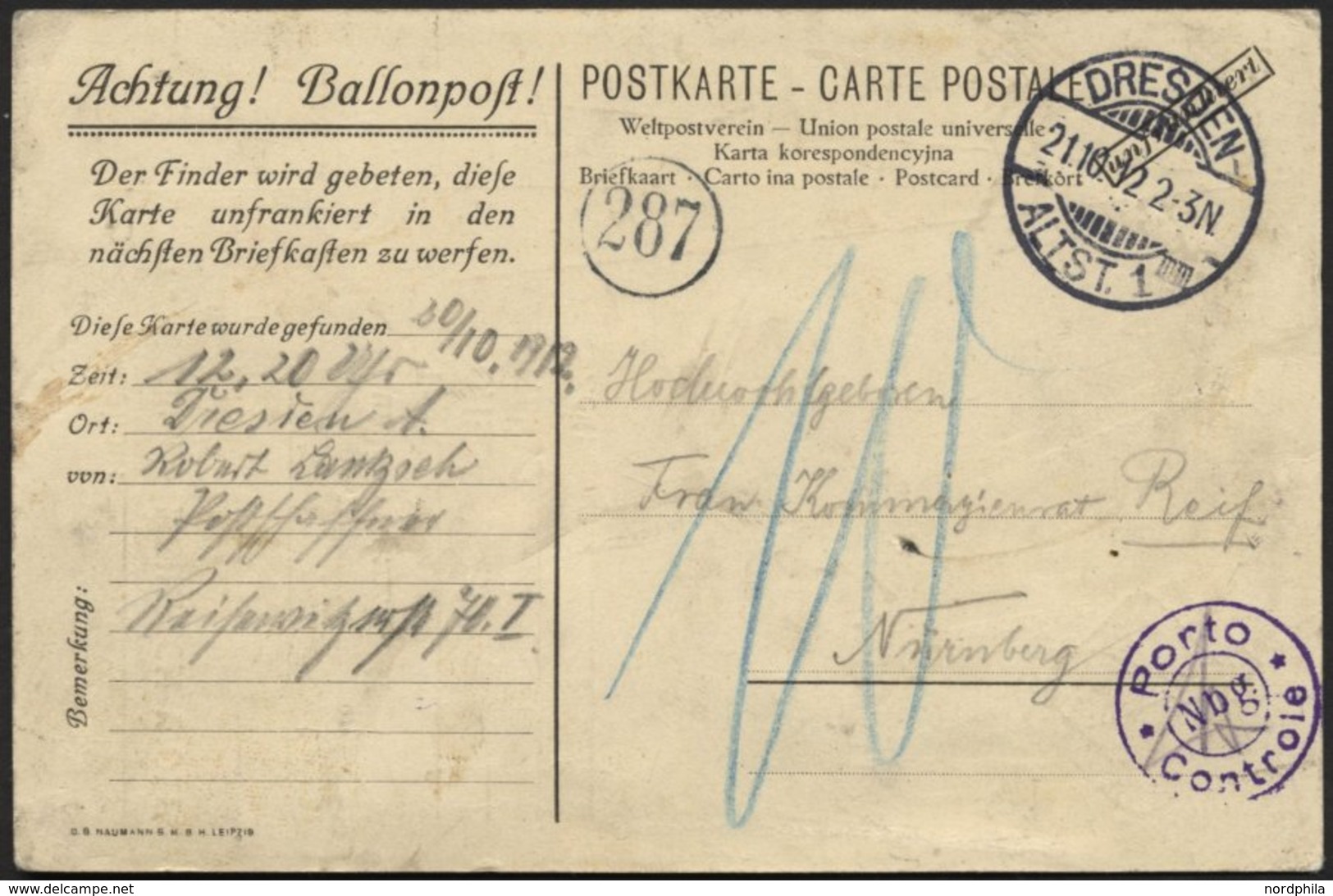 BALLON-FAHRTEN 1897-1916 20.10.1912, Leipziger Verein Für Luftschiffahrt, Abwurf Vom Ballon LEIPZIG, Postaufgabe In Dres - Airships