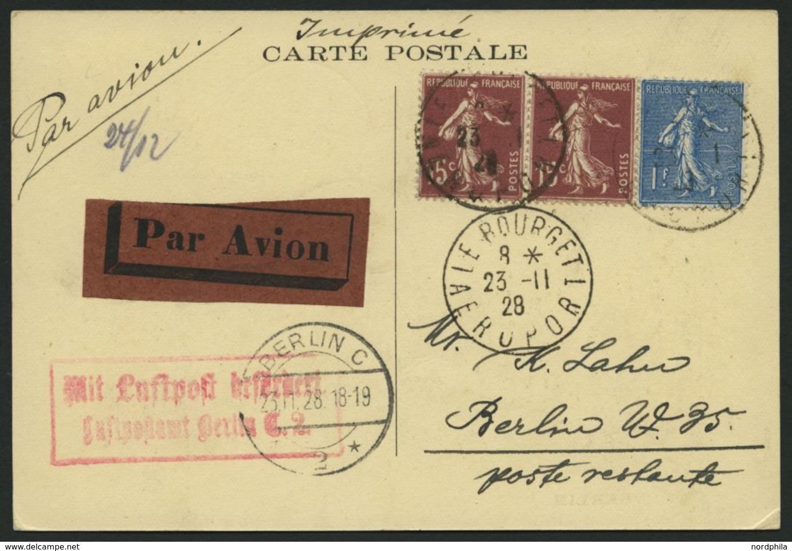 LUFTPOSTBESTÄTIGUNGSSTPL 9-04 BRIEF, BERLIN, Luftpostamt, R2, Auf Drucksache Aus Frankreich, Pracht - Airmail & Zeppelin