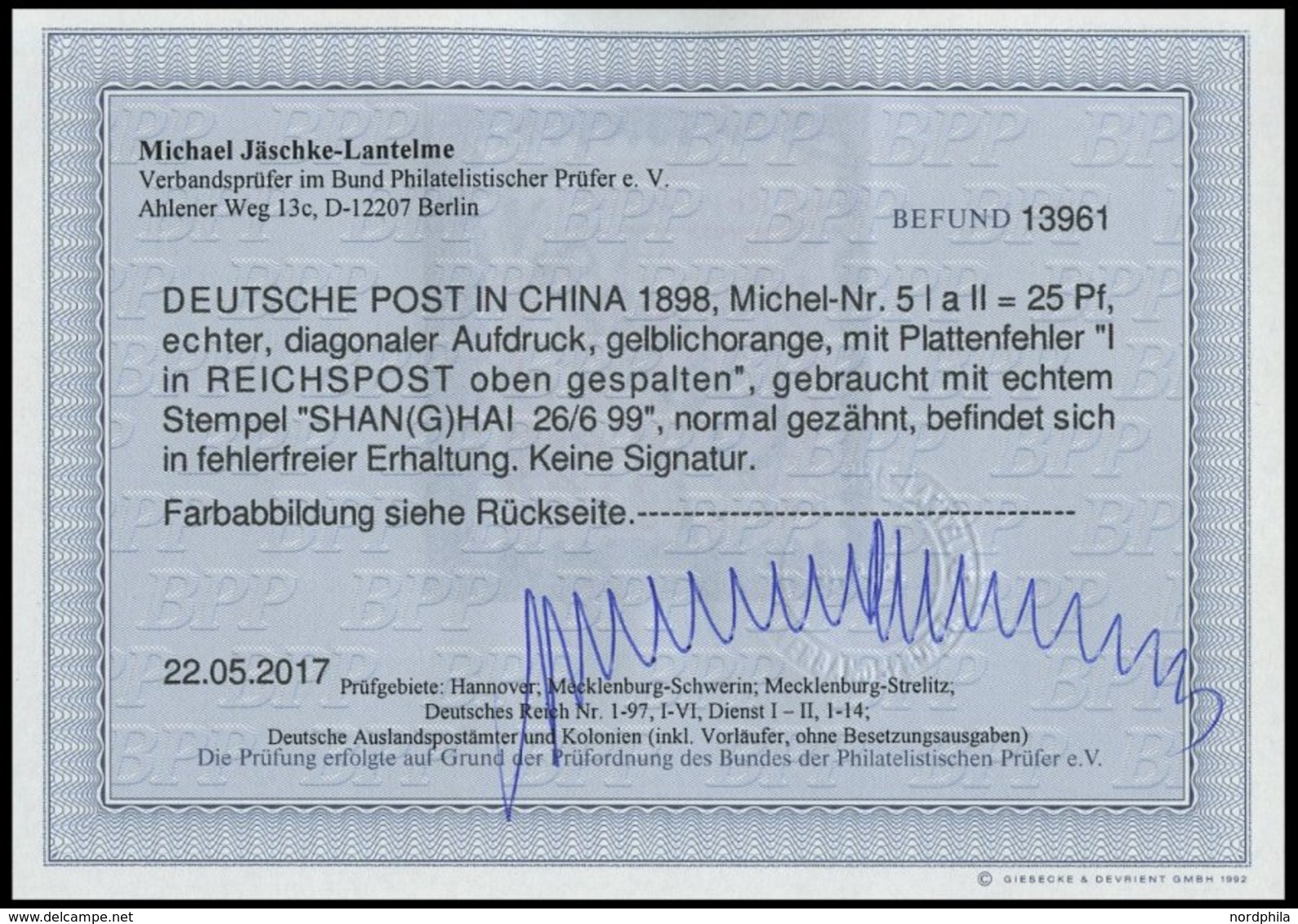 DP CHINA 5IaPFII O, 1898, 25 Pf. Gelblichorange Diagonaler Aufdruck Mit Plattenfehler I In Reichspost Oben Gespalten, Pr - China (offices)