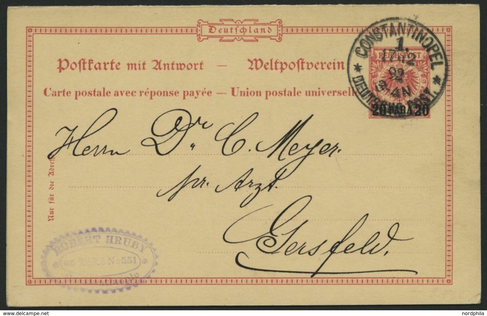 DP TÜRKEI P 2 BRIEF, 1892, 20 PARA Auf 10 Pf., Frageteil, Stempel CONSTANTINOPEL 1 **, Prachtkarte Nach Gersfeld - Turkey (offices)