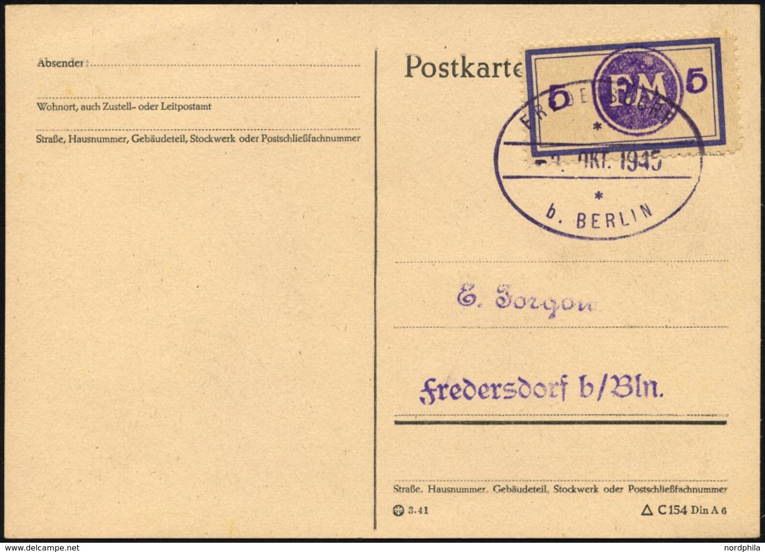 FREDERSDORF Sp 161FI BRIEF, 1945, 5 Pf., Rahmengröße 38x21 Mm, Mit Abart Aufdruck Bläulichviolett, Auf Prachtkarte, Gepr - Private & Local Mails