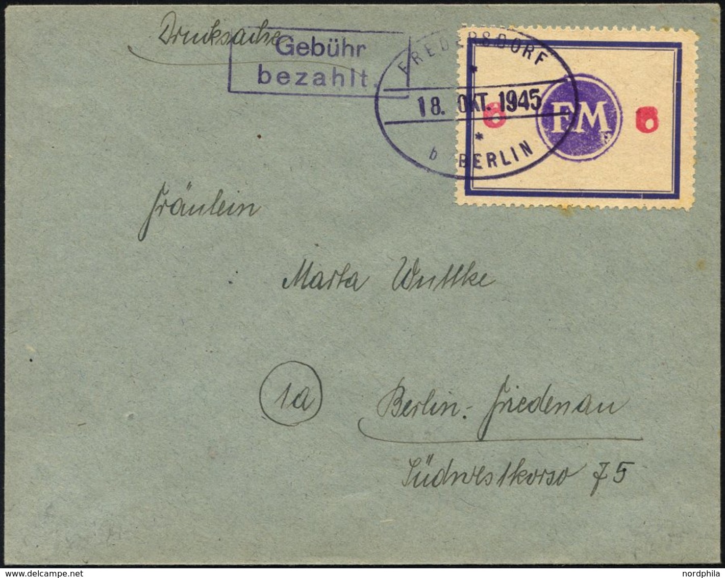 FREDERSDORF Sp 171FI BRIEF, 1945, 6 Pf., Rahmengröße 43x31.5 Mm, Große Wertziffern, Mit Abart Wertziffern Seitlich, Auf  - Private & Local Mails