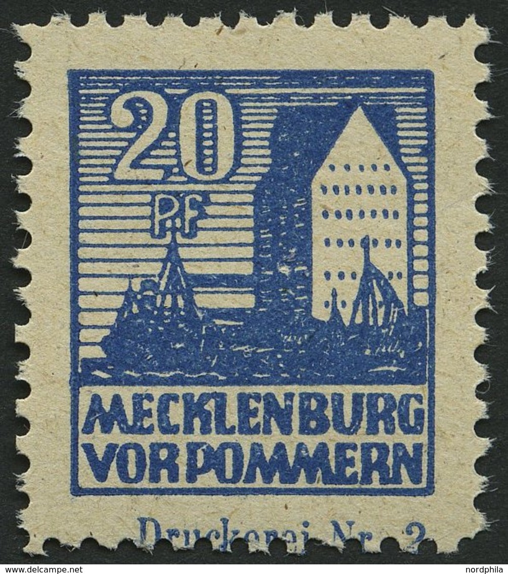 MECKLENBURG-VORPOMMERN 38ycDZ **, 1946, 20 Pf. Schwärzlichgrauultramarin Mit Druckereizeichen Druckerei Nr. 2, Partiell  - Altri & Non Classificati