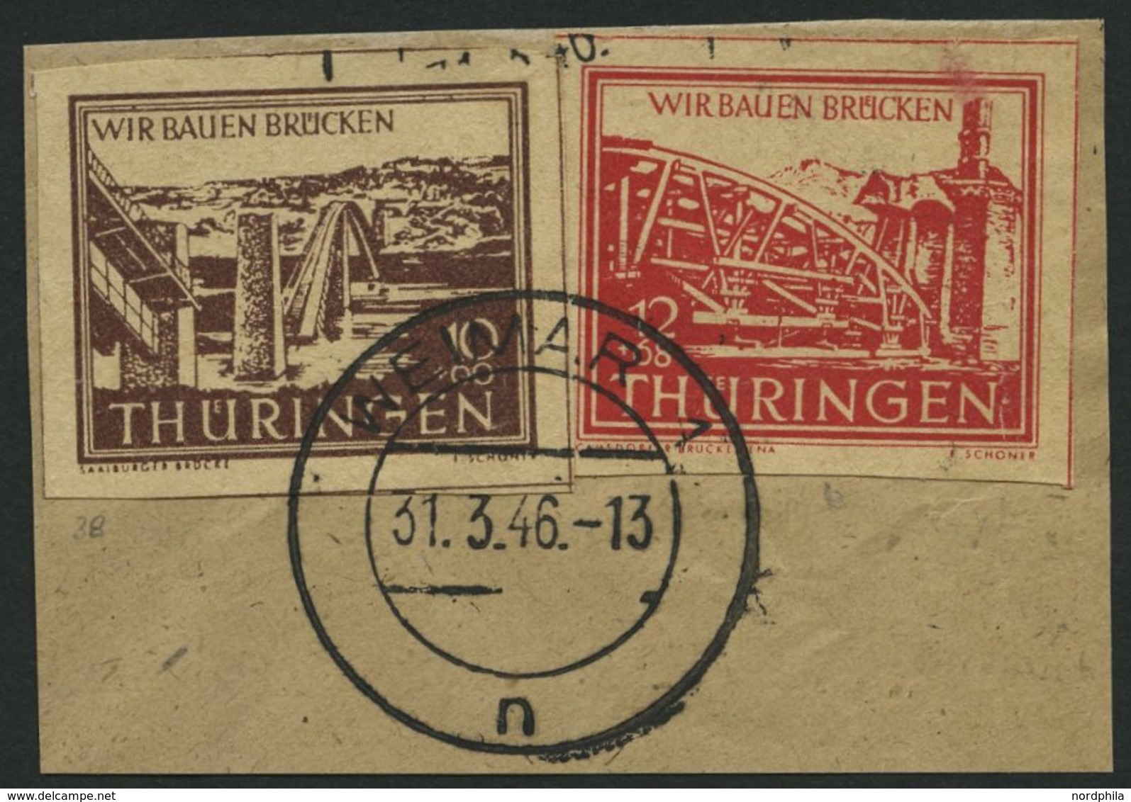 THÜRINGEN 113by BrfStk, 1946, 12 Pf. Rot Wiederaufbau, Mit Nr. 112y Auf Briefstück, Feinst, Gepr. Schulz, Mi. 312.- - Other & Unclassified