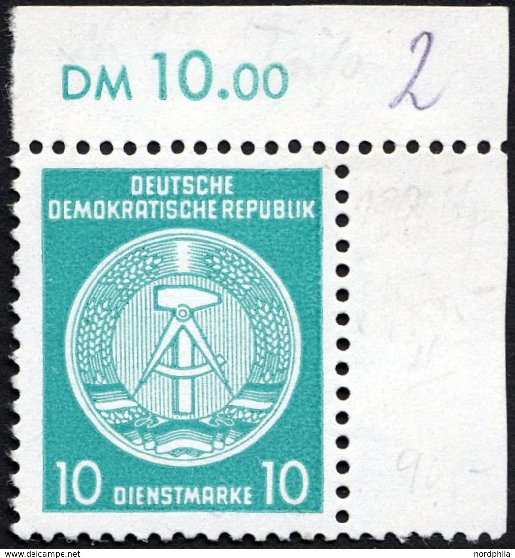 DIENSTMARKEN A D 19IIXII **, 1954, 10 Pf. Bläulichgrün, Type II, Wz. 2XII, Obere Rechte Bogenecke, Pracht, Fotobefund Sc - Other & Unclassified