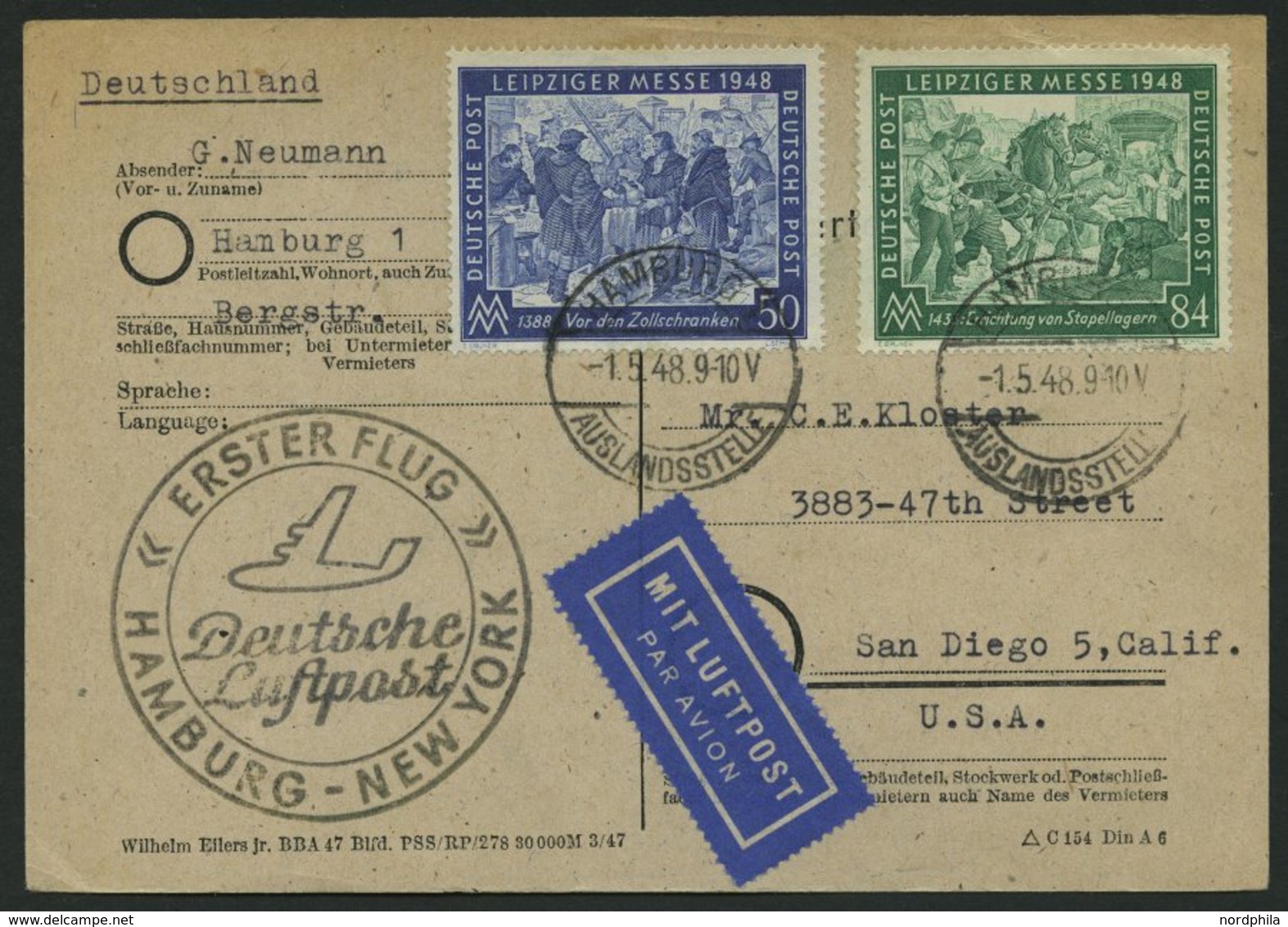 ERST-UND ERÖFFNUNGSFLÜGE 2304 BRIEF, 1.5.48, Hamburg-New York, Flugbestätigungsstempel In Schwarz (Gefälligkeitsabstempe - Covers & Documents