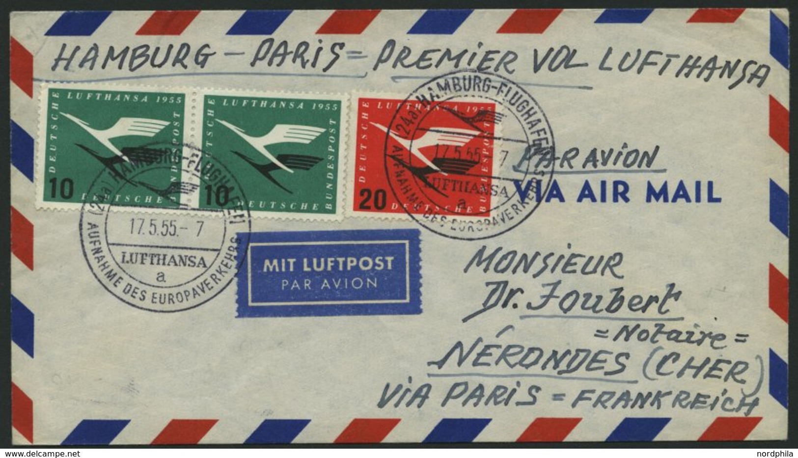 DEUTSCHE LUFTHANSA 31 BRIEF, 17.5.1955, Hamburg-Paris, Prachtbrief - Covers & Documents