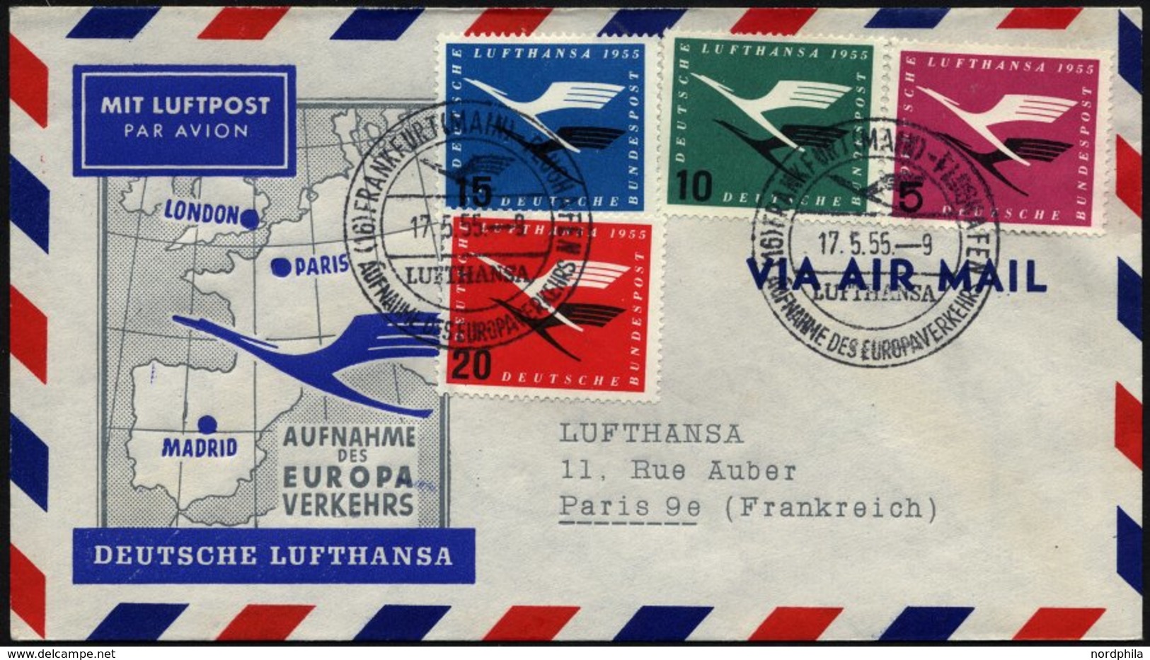 DEUTSCHE LUFTHANSA 32 BRIEF, 17.5.1955, Frankfurt-Paris, Prachtbrief - Covers & Documents