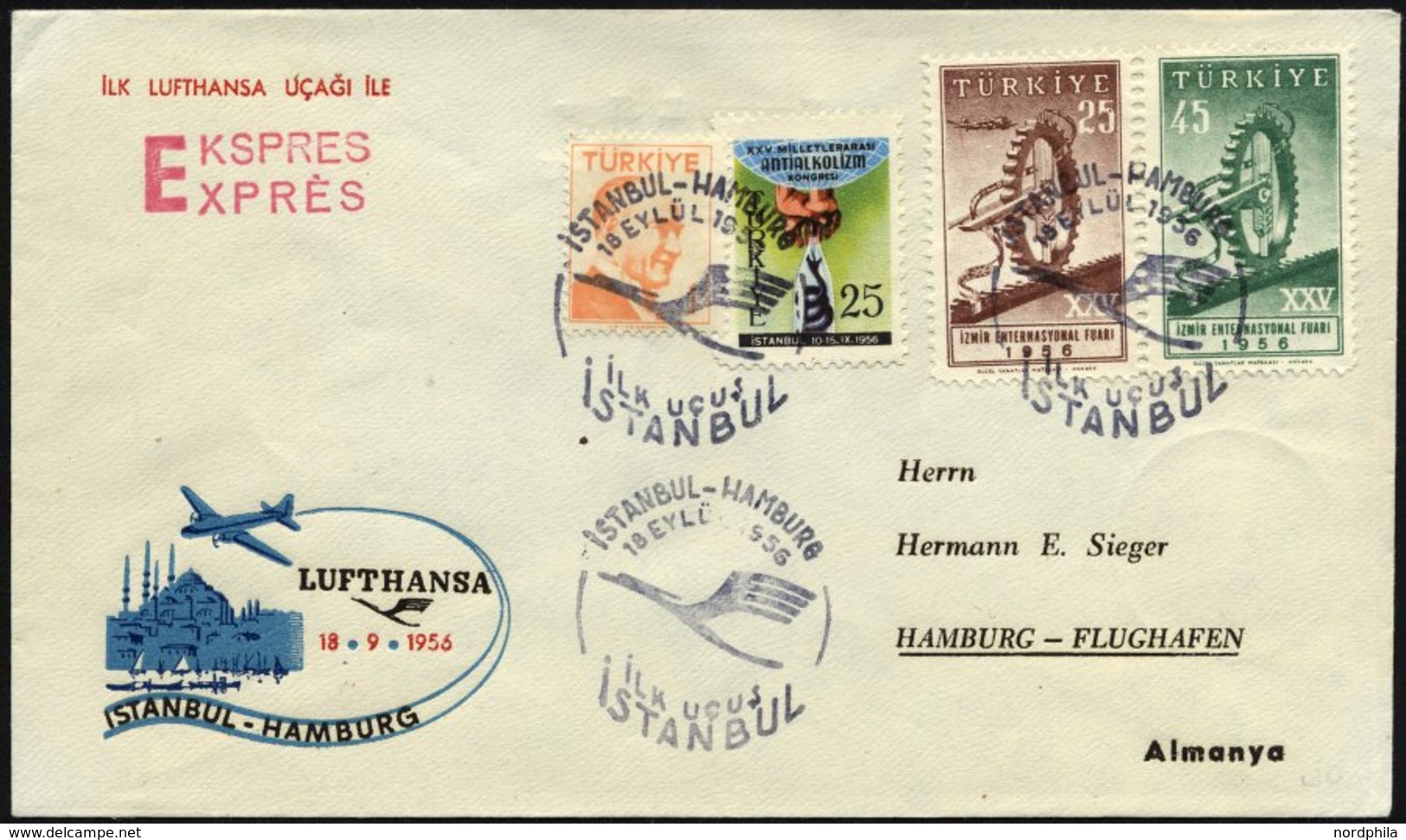 DEUTSCHE LUFTHANSA 102 BRIEF, 12.9.1956, Istanbul-Hamburg, Prachtbrief - Covers & Documents