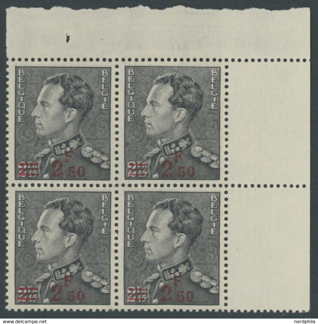 BELGIEN 479 VB **, 1938, 2.50 Fr. Auf 2.45 Fr. König Leopold III Im Oberen Rechten Eckrandviererblock, Pracht, Mi. (120. - Autres & Non Classés