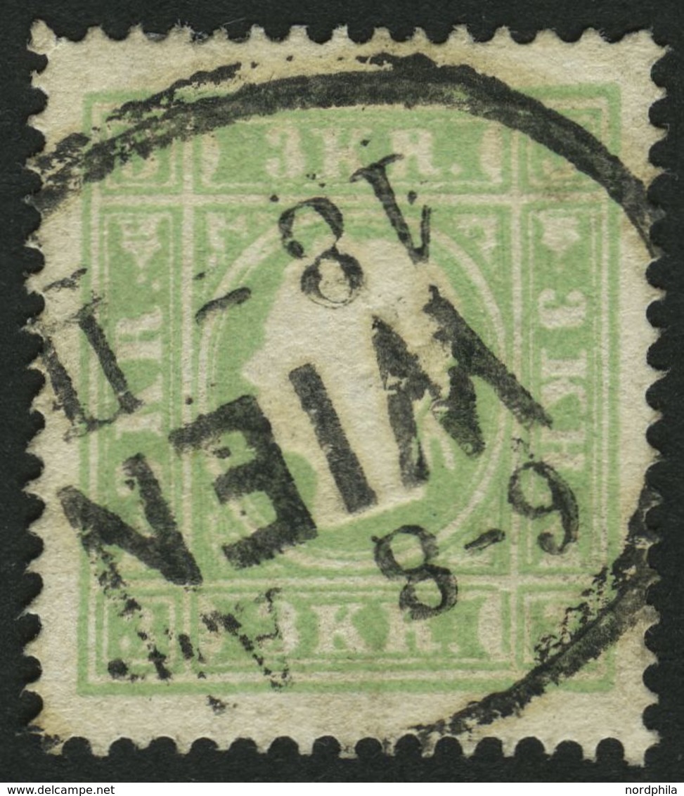 ÖSTERREICH 12a O, 1859, 3 Kr. Grün, Ovalstempel WIEN, Ein Loser Eckzahn Sonst Pracht, Mi. 180.- - Usati