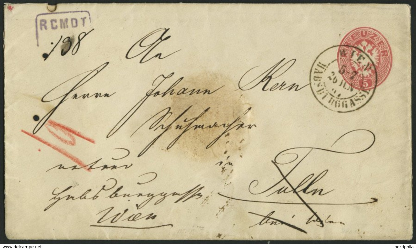 GANZSACHEN U 42,33 BRIEF, 1866, 5 Kr. Rot, Wz. 2, Umschlag Mit Rückseitigem Reco-Porto 10 Kr. Blau Von WIEN-HABSBURGGASS - Other & Unclassified