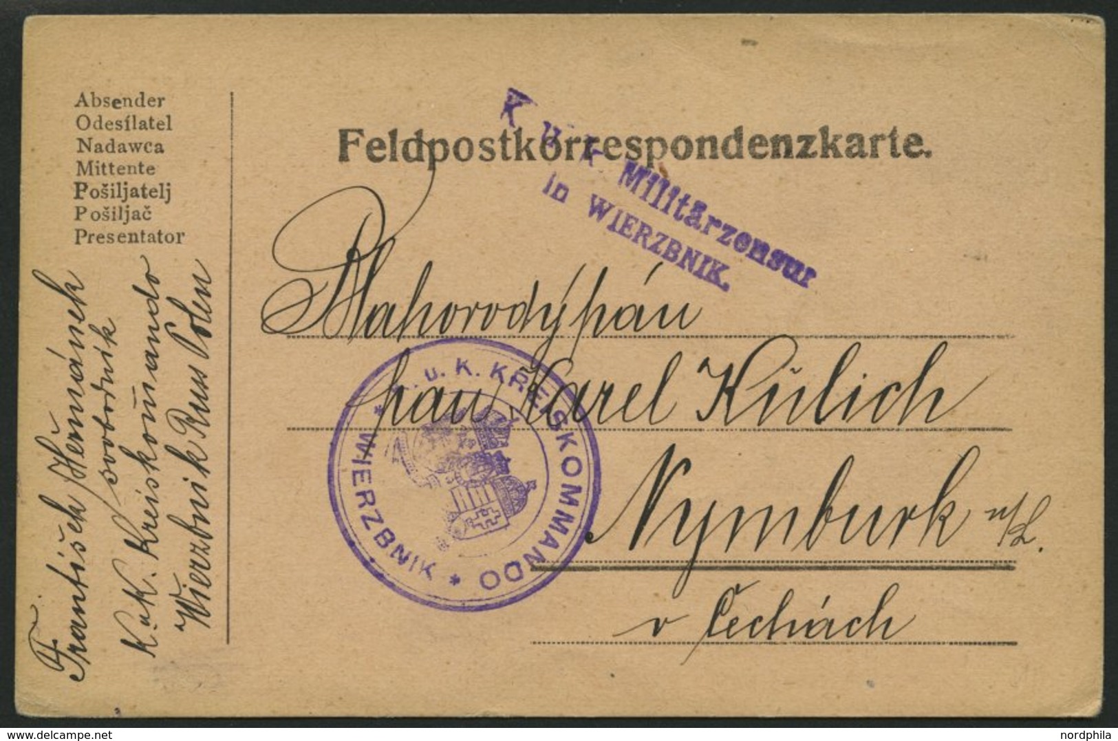 POLEN 1917, Feldpostkarte Aus Wierzbnik Russ. Polen Mit Violettem Zensur-Stempel K.u.K. MILITÄRZENSUR IN WIERZBNIK Und V - Other & Unclassified