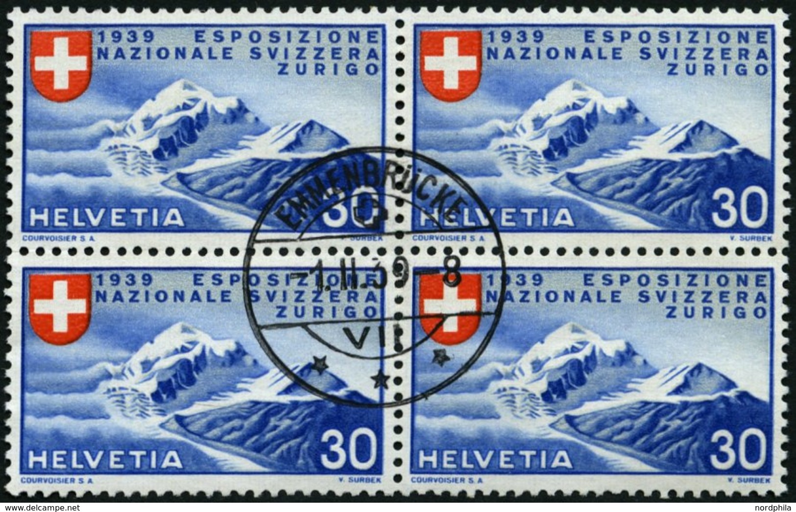 SCHWEIZ BUNDESPOST 343 VB O, 1939, 20 C. Landesausstellung, Italienische Inschrift, Im Viererblock Mit Zentrischem Erstt - Otros & Sin Clasificación