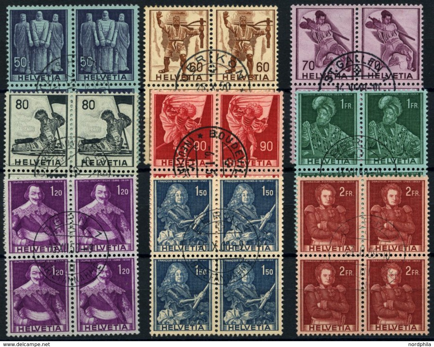 SCHWEIZ BUNDESPOST 377-85 VB O, 1941, Historische Darstellungen In Zentrisch Gestempelten Viererblocks, Prachtsatz - Otros & Sin Clasificación