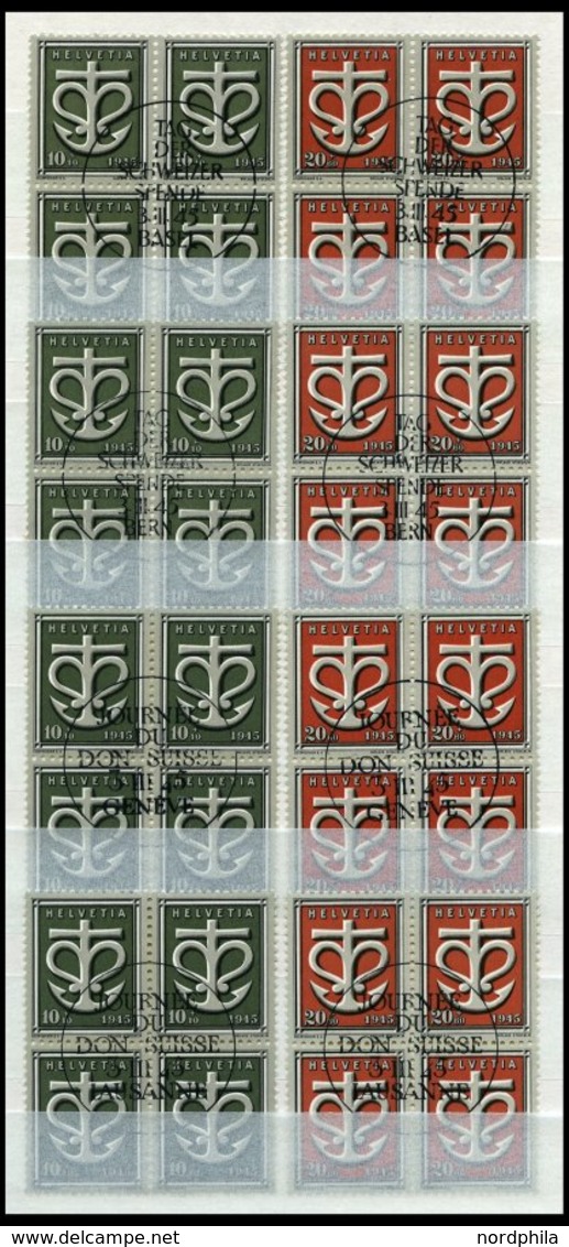 SCHWEIZ BUNDESPOST 443/4 VB O, 1945, Kriegsgeschädigte In Viererblocks Mit Zentrischen Sonderstempeln TAG DER SCHWEIZER  - Otros & Sin Clasificación