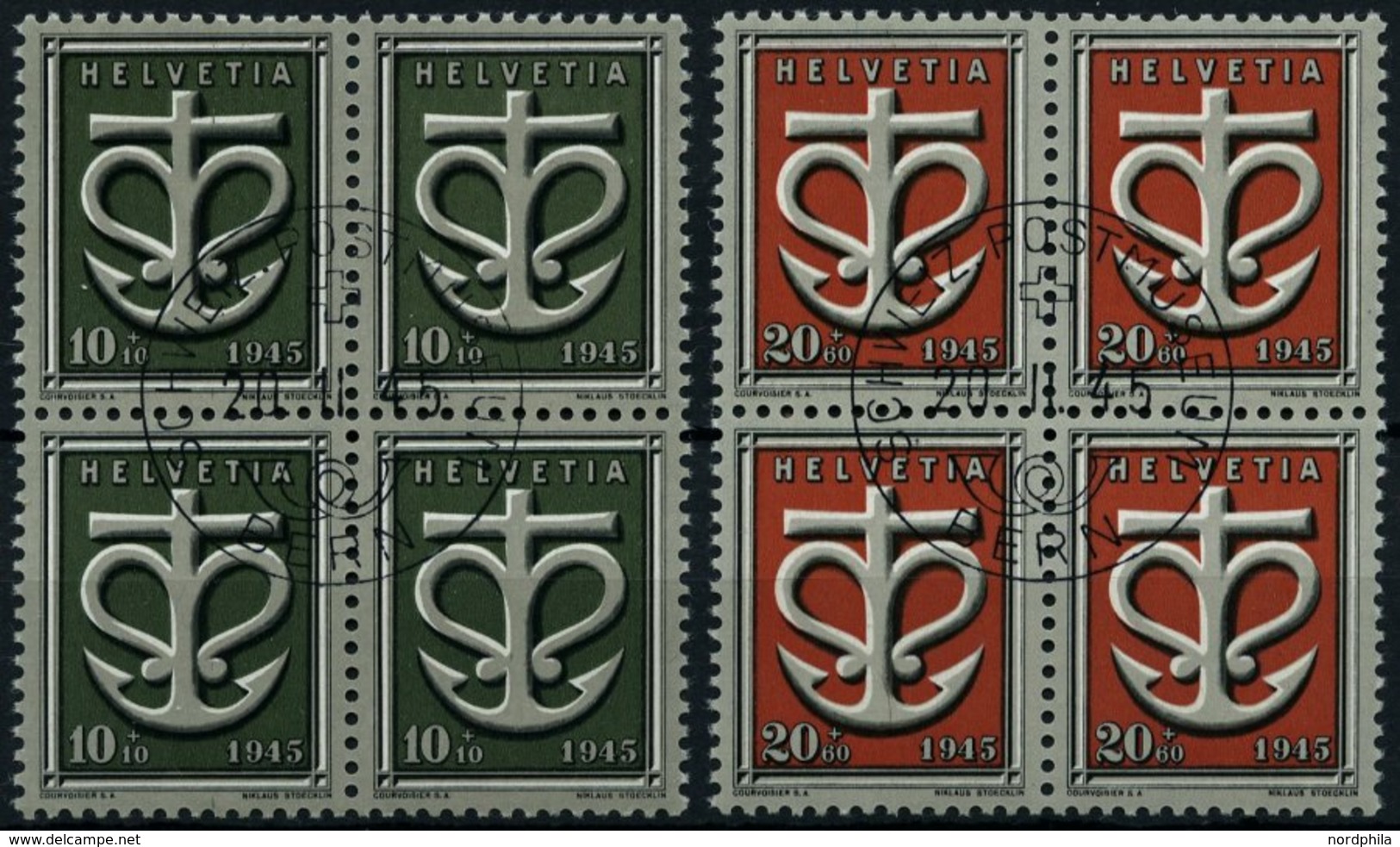 SCHWEIZ BUNDESPOST 443/4 VB O, 1945, Kriegsgeschädigte In Viererblocks Mit Zentrischen Ersttags-Sonderstempeln, Pracht - Otros & Sin Clasificación