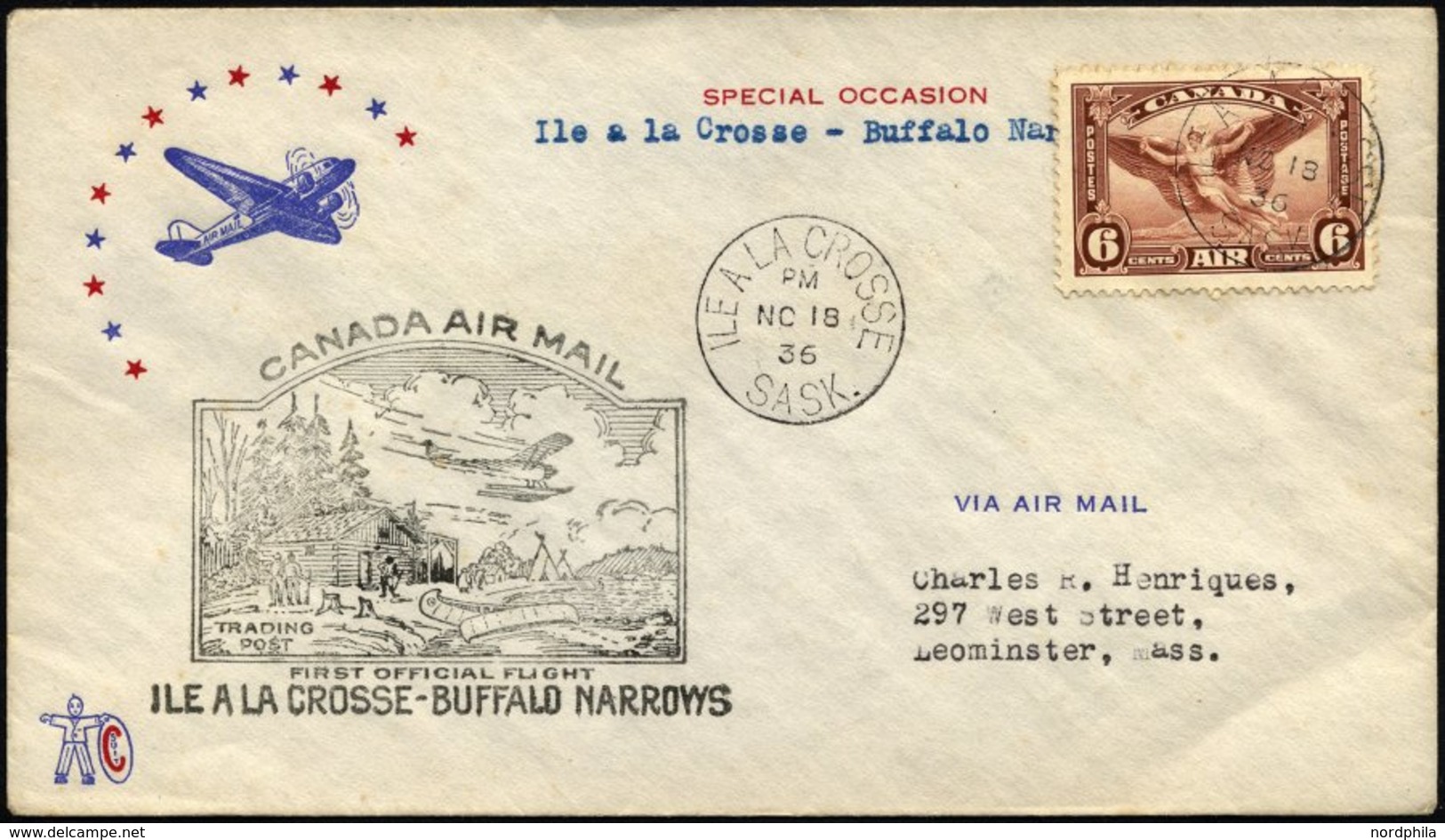 KANADA 196 BRIEF, 18.11.1936, Erstflug ILE A LA GROSSE-BUFFALO NARROWS, Prachtbrief, Müller 286 - Canada