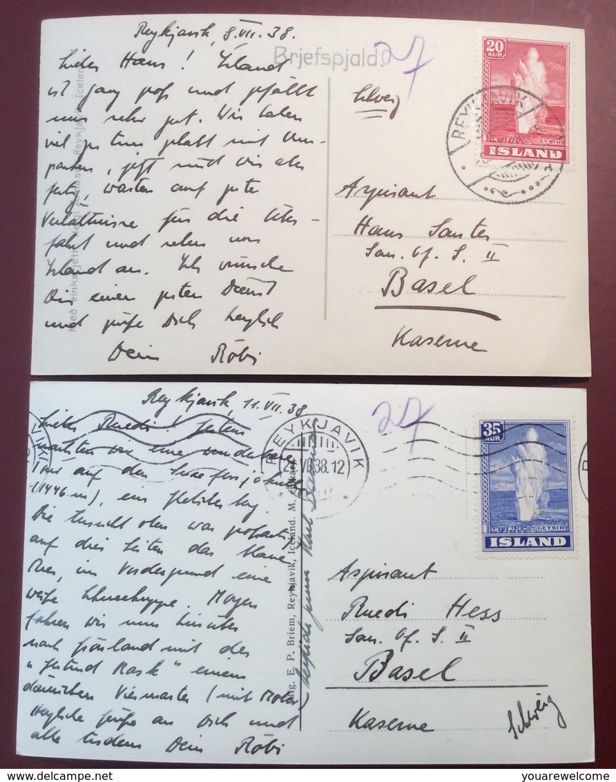 Iceland 1938 Two Postcards With GEYSIR Franking > Schweiz (Island Brief Lettre Cover Ak Ppc Cp - Briefe U. Dokumente