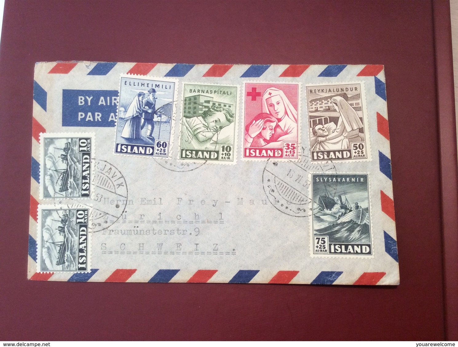 Iceland 1949 CHARITY: BARNASPITALI HOSPITAL On 1953 Air Mail Cover > Schweiz (Island Brief Hôpital Krankenhaus Lettre - Lettres & Documents