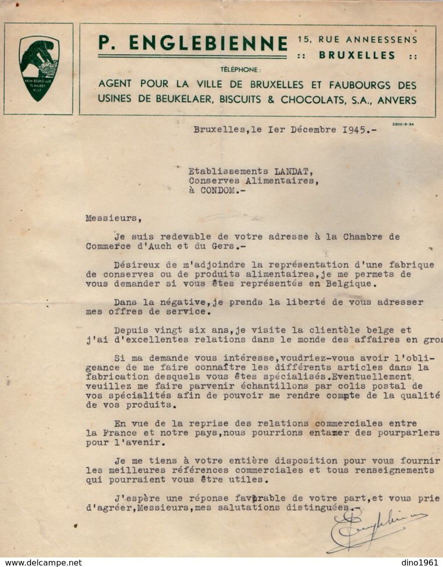 VP13.799 - Lettre - P. ENGLEBIENNE Agent à BRUXELLES / Usines De BEUKELAER Biscuits & Chocolats S.A. ANVERS - Alimentaire