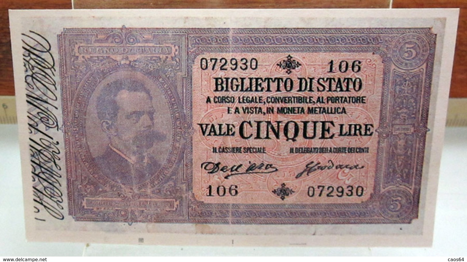 MINI BANCONOTA FAC-SIMILE CINQUE LIRE 1882 - Specimen