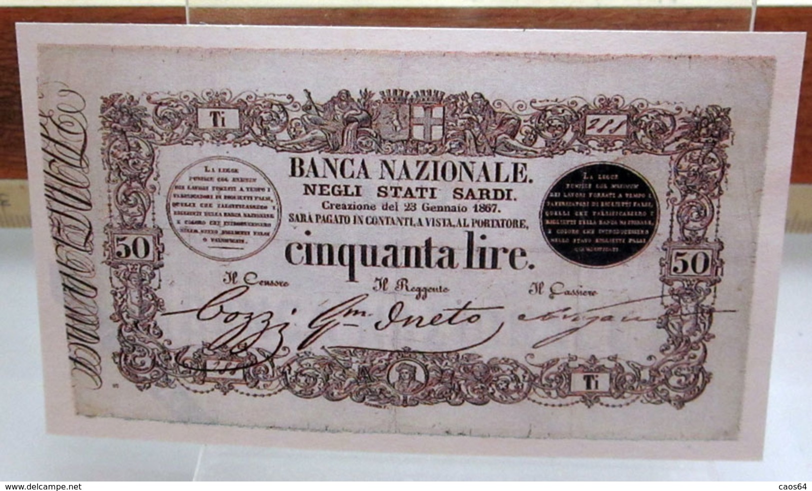 MINI BANCONOTA FAC-SIMILE 50 LIRE BANCA NAZIONALE NEGLI STATI SARDI - Fictifs & Spécimens