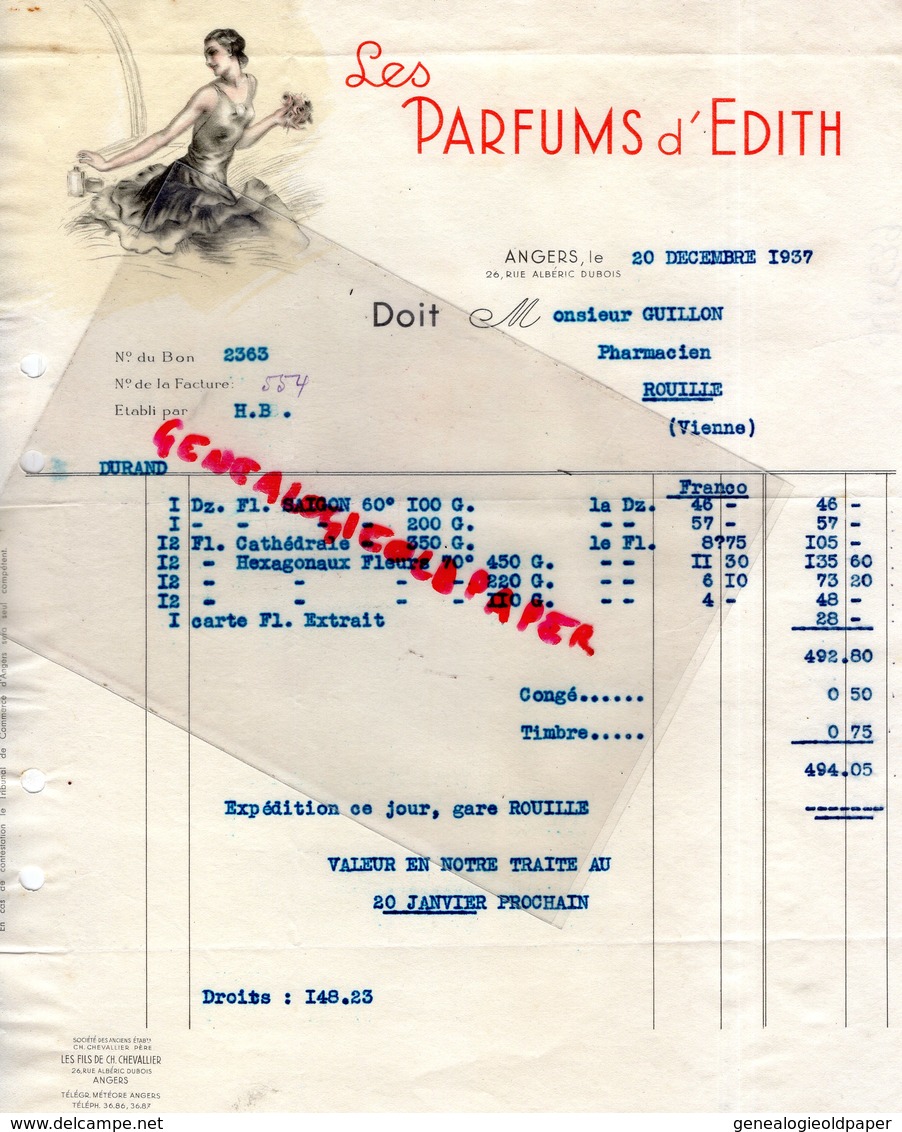 49- ANGERS- BELLE FACTURE PARFUMERIE LES PARFUMS D' EDITH- PARFUM-26 RUE ALBERIC DUBOIS - 1937 - Drogerie & Parfümerie