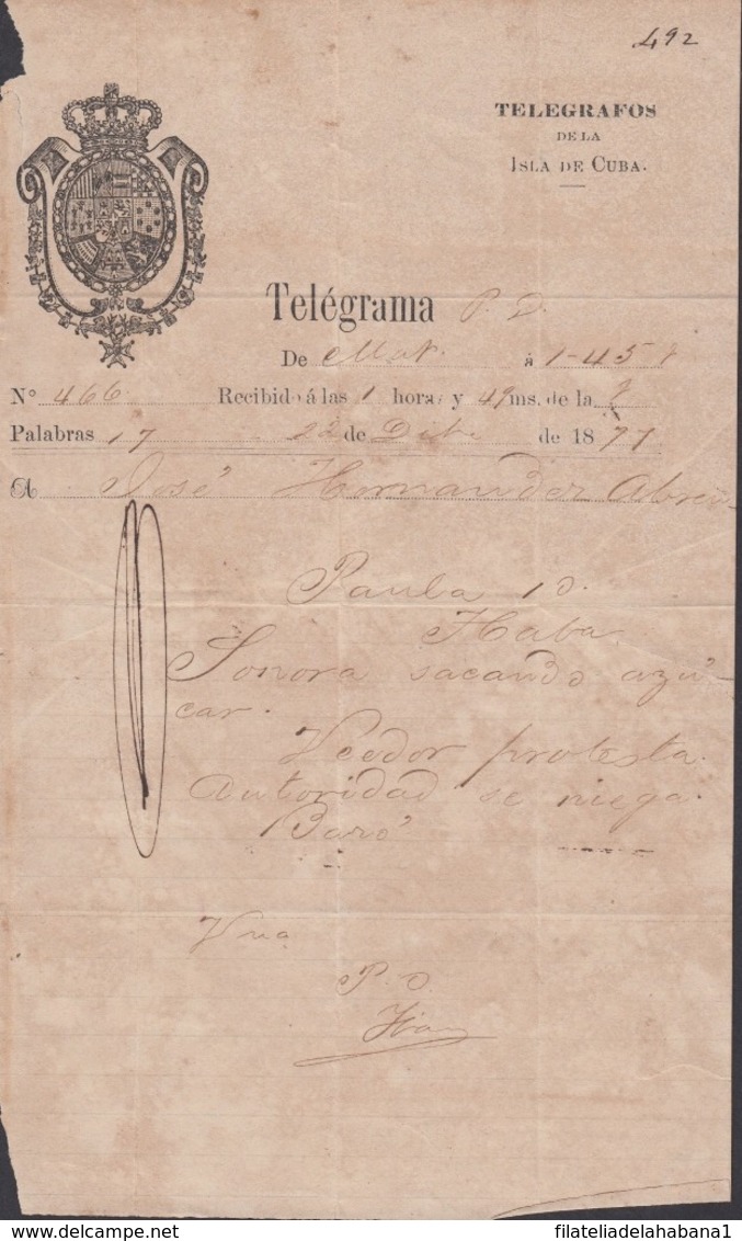 TELEG-270 CUBA (LG1503) SPAIN ANT. TELEGRAM 1877 TIPO XI TELEGRAPH MODELO DE TELEGRAMA - Telegraphenmarken