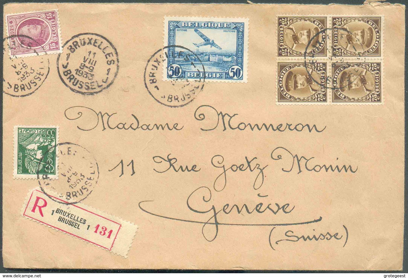 N°195-340-PA1 + TB N°15(paire) - Affr. ALBERT KEPI Et MERCUREobl. Sc BRUXELLES 1 Sur Env. Recommandée Du 11-VIII-1933 Ve - Tête-bêche [KP] & Inter-panels [KT]