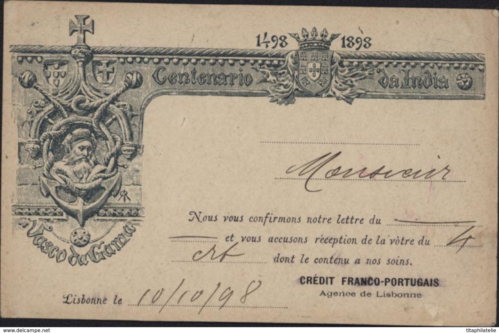 Union Postal Universel Portugal Entier 20 Réis Lilas + YT 125 Charles 1er 5 R Orange PERFORE CFP Crédit Franco Portugais - Other & Unclassified