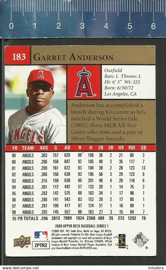 MLB UPPER DECK TRADING CARD 2009 BASEBALL SERIES 1 - N° 183 - GARRET ANDERSON - 2000-Oggi
