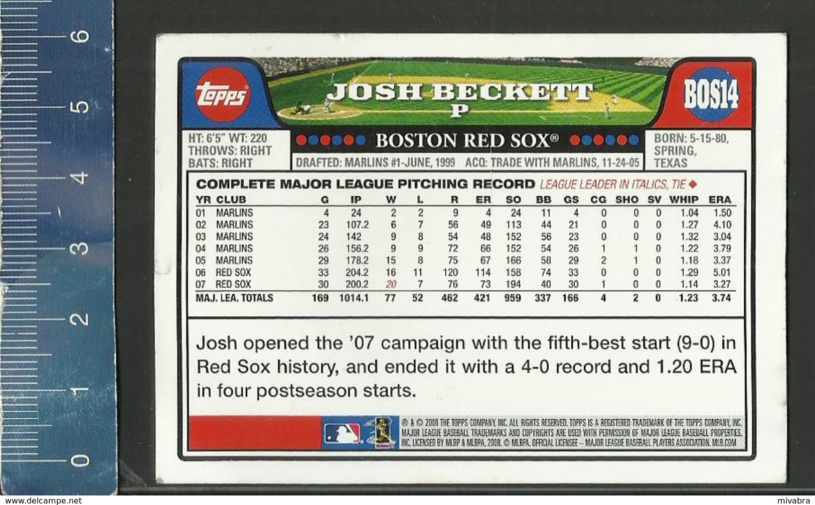 MLB TOPPS TRADING CARD 2008 BASEBALL - JOSH BECKETT - BOSTON RED SOX - 2000-Heute