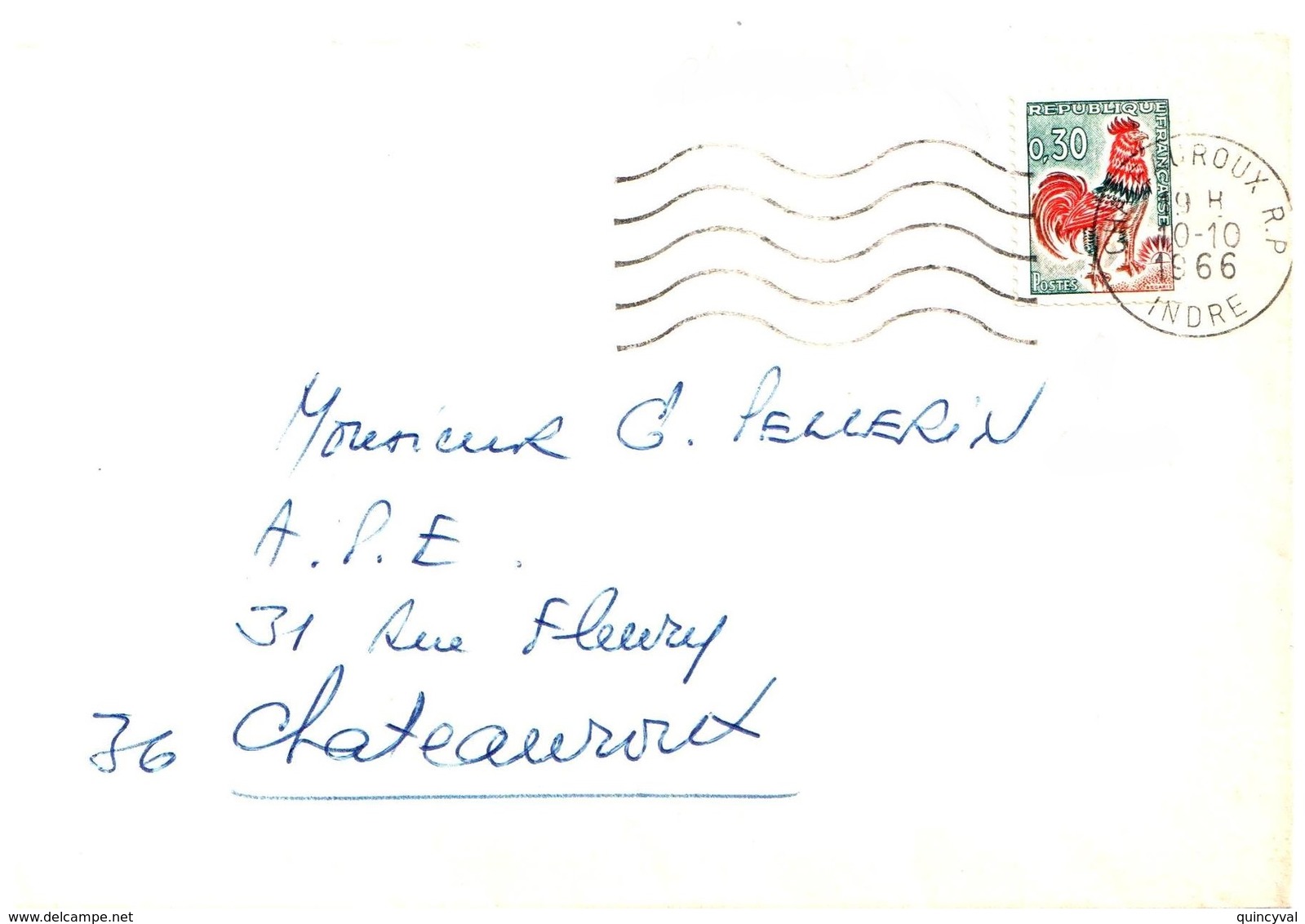 CHATEAUROUX RP Indre Lettre 30c Coq Decaris Yv 1331A Ob Meca 1966 Variété Plume Cassée Timbre De Carnet Bas Massicoté - 1962-1965 Gallo De Decaris