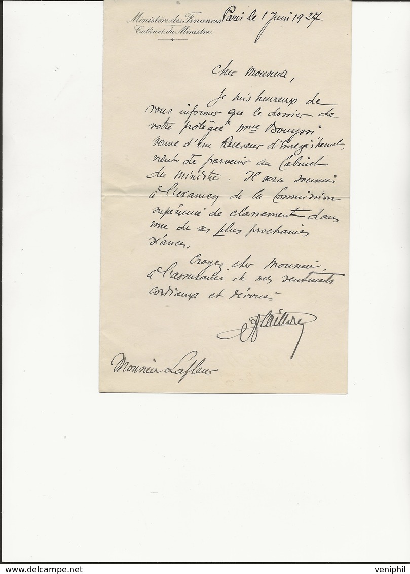 LETTRE MANUSCRITE CABINET DU MINISTRE DES FINANCES 1927- " Demande De Classement D'un Dossier " ANNEE 1927 - Sin Clasificación