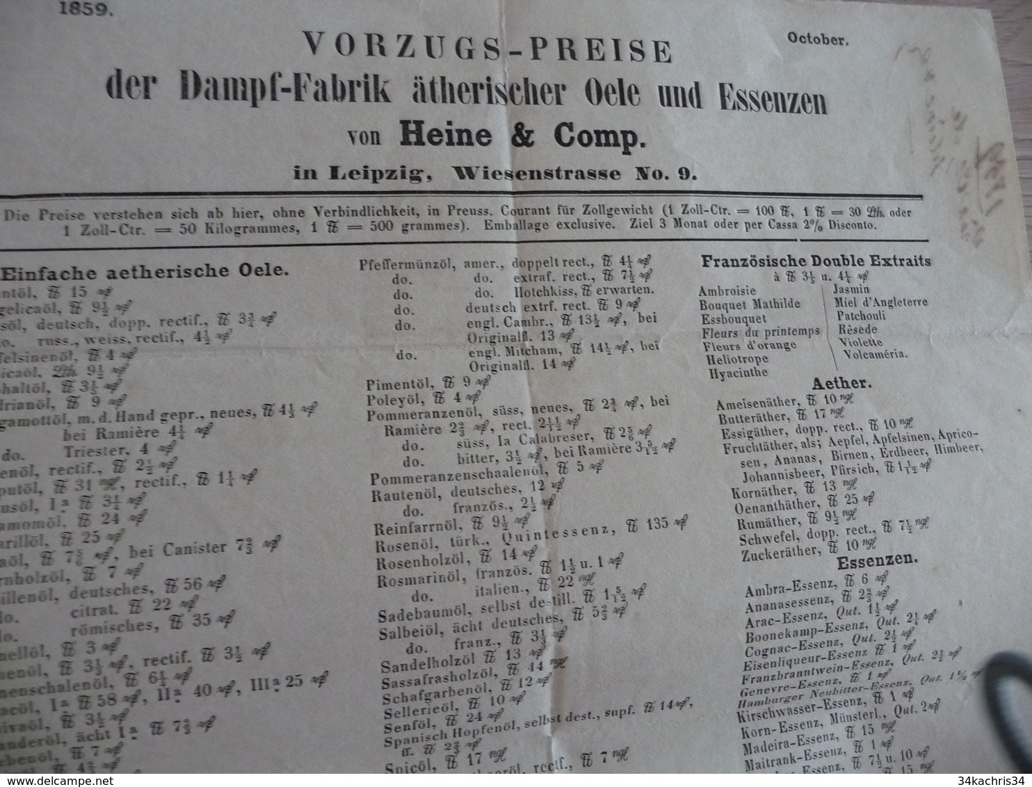 Pub Tarif Preis Allemagne Leipzig 1859 Dampf Fabrik Oele Essenzen - 1800 – 1899