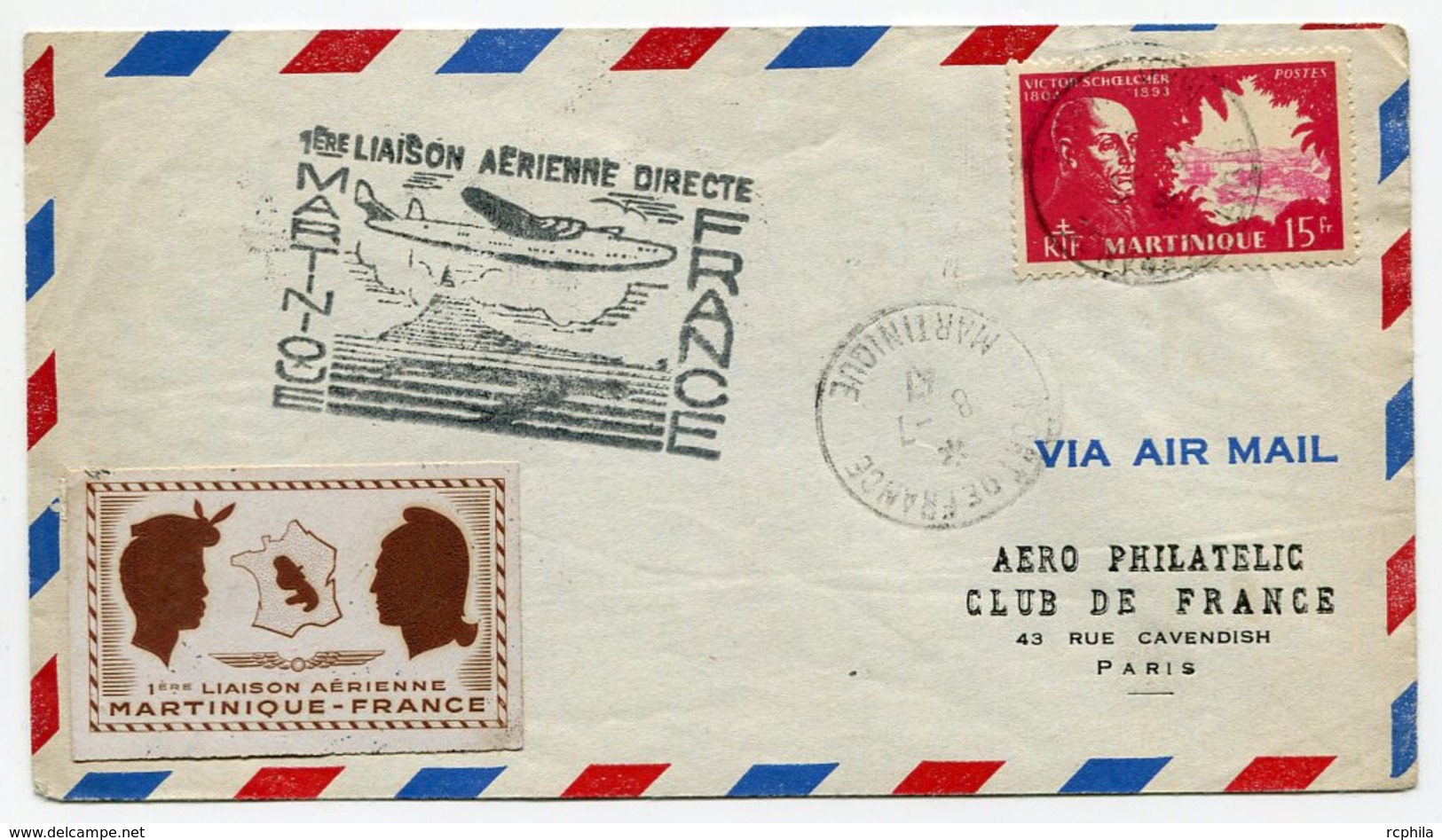 RC 11039 MARTINIQUE 1947 LETTRE 1er VOL MARTINIQUE - FRANCE + VIGNETTE  FFC - Lettres & Documents