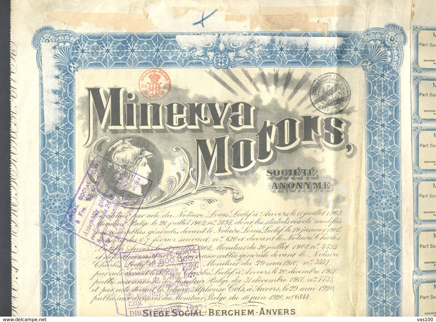 SHAREHOLDINGS, MINERVA MOTORS SHARES, COUPONS, 1920, BELGIUM - Cars