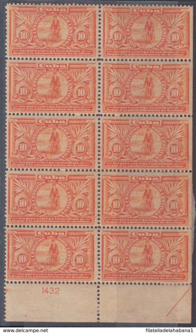 1902-122 CUBA REPUBLICA. 1902. 10c SPECIAL DELIVERY BYCICLE CYCLE MNH PLATE NUMBER BLOCK10. - Nuovi