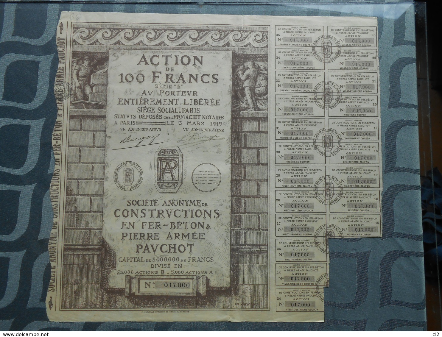 Société Anonyme De Constructions En Fer-Béton & Pierre Armée PAUCHOT - Action De 100 Francs Au Porteur -série B - P - R