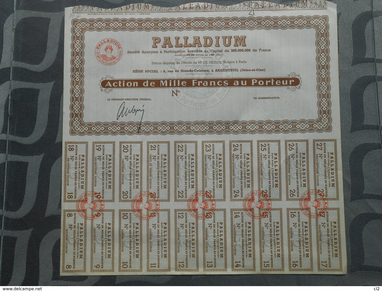PALLADIUM - Action De 1000 Francs Au Porteur (document Complet) - P - R