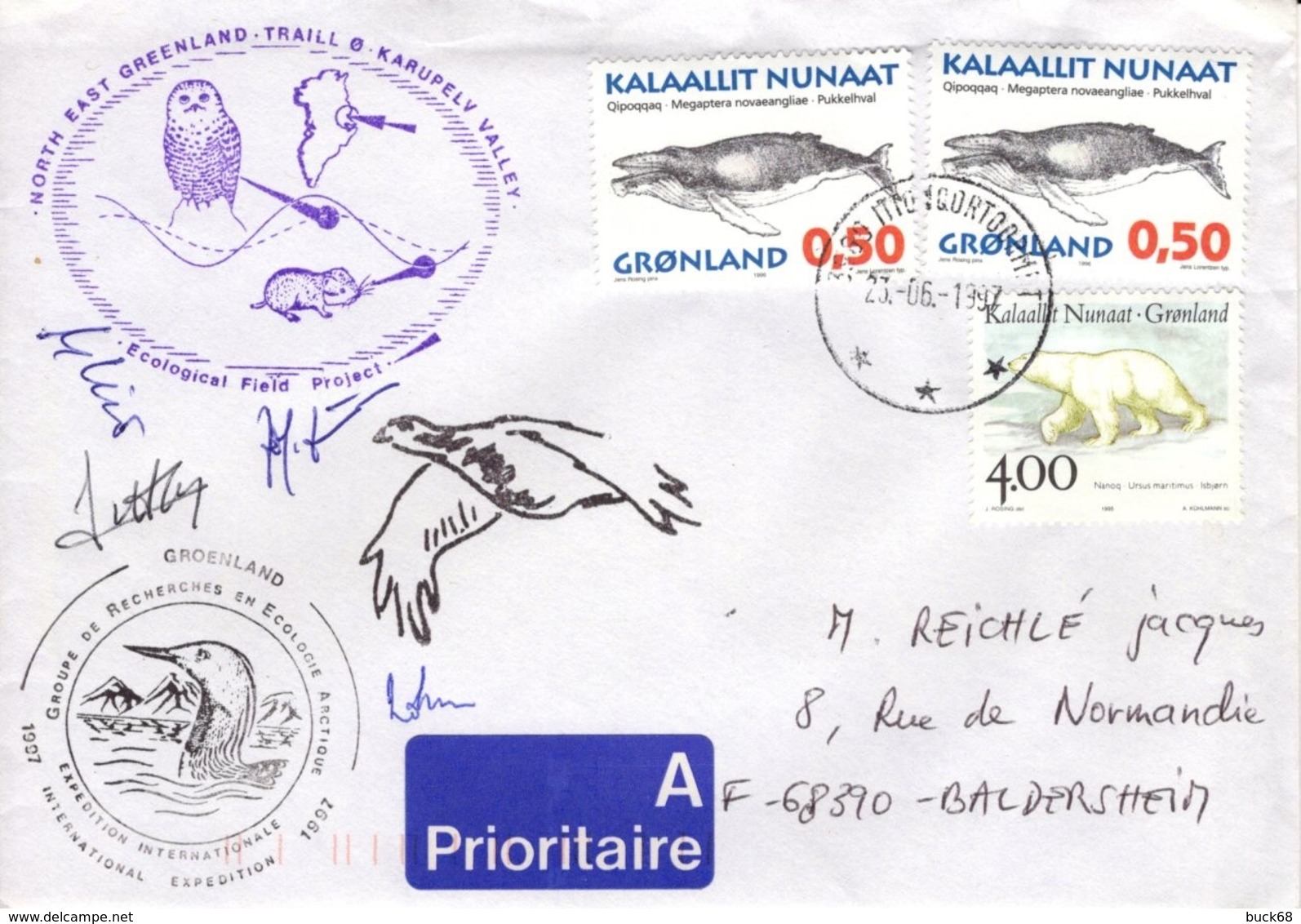 GROENLAND GRØNLAND 253 267 Lettre Signée GREA Ecological Field Expédition Karupelv Valley 1997 Hibou Owl Eule Polar ● - Storia Postale