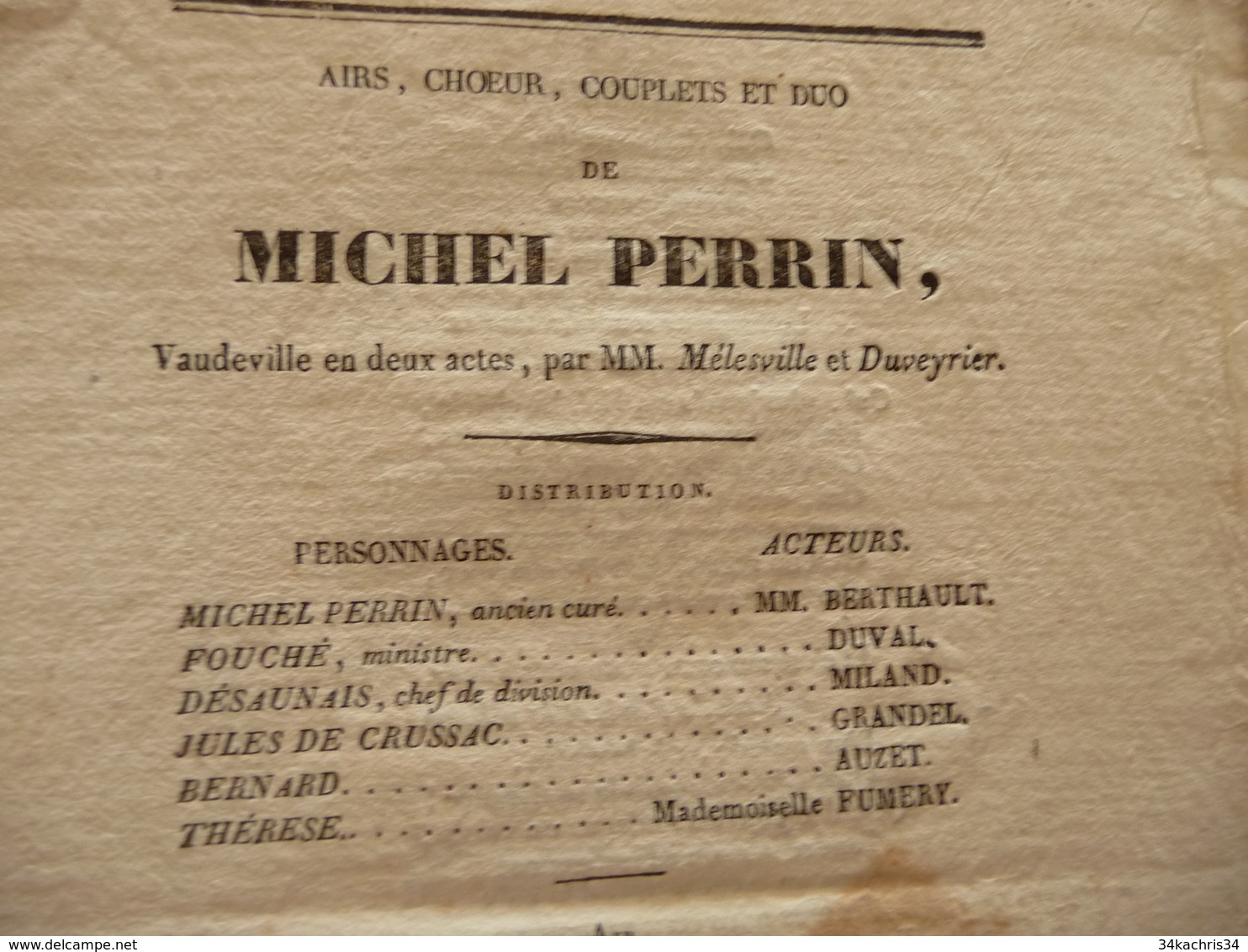 XIXème  Papier Chiffon  Paroles Airs Couplets Et Duo De Michel Perrin Vaudeville Mélesville Duveyrier  XIXème - Sonstige & Ohne Zuordnung