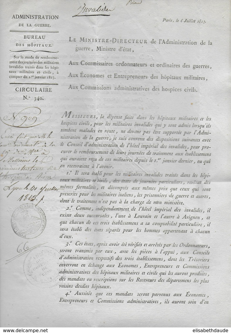 1813 - LETTRE En FRANCHISE De L'ADMINISTRATION De La GUERRE - COMMISSAIRE ORDONNATEUR De 19° DIVISION à LYON => RIOM - Army Postmarks (before 1900)