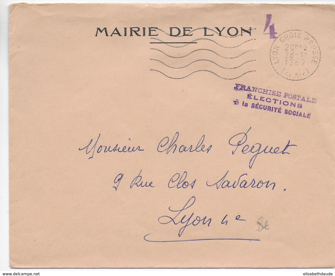 1962 - ENVELOPPE En FRANCHISE POSTALE "ELECTIONS à La SECURITE SOCIALE" MAIRIE De LYON - Civil Frank Covers