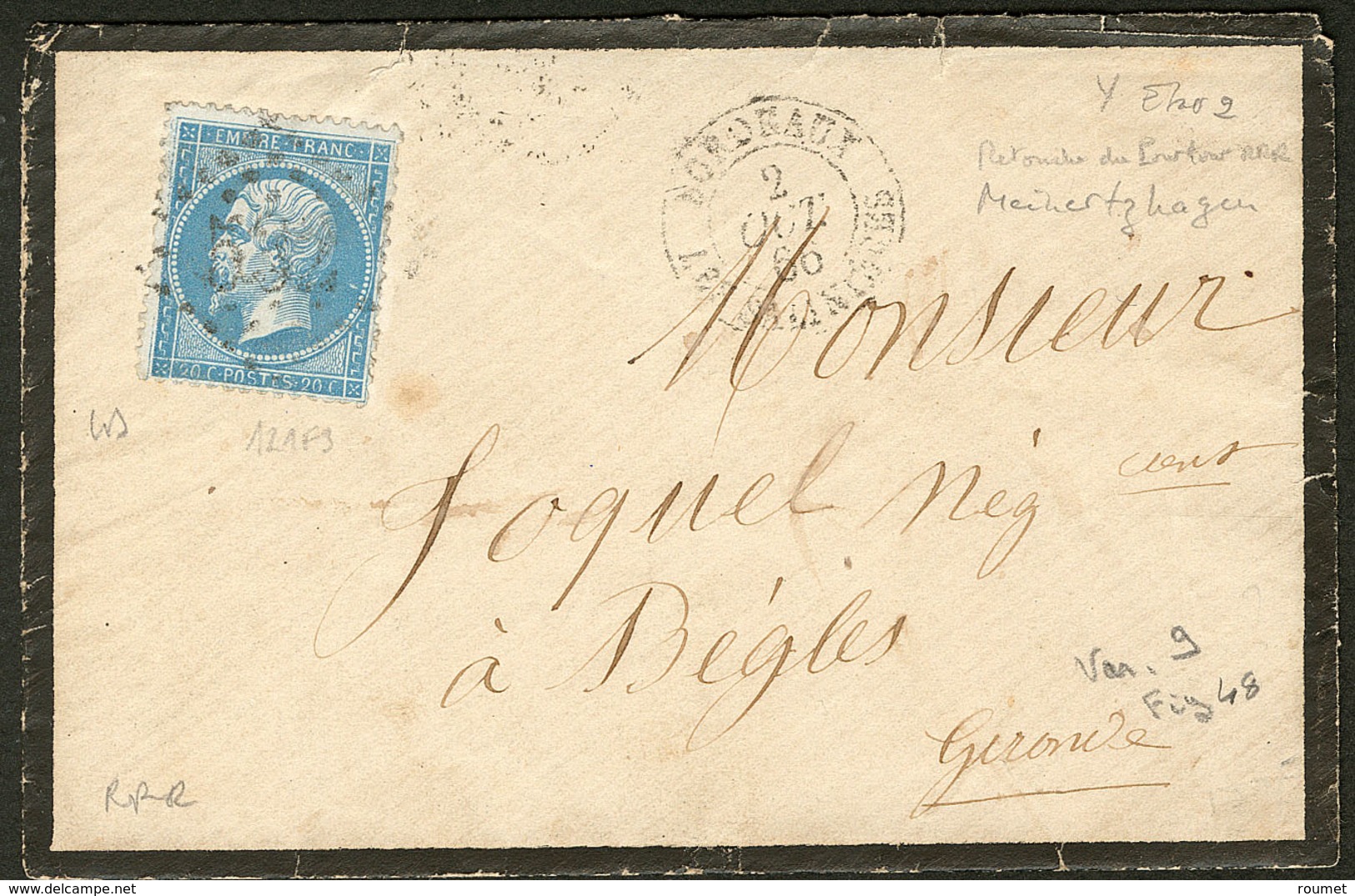 Lettre Retouche De Meinerzhagen. No 22, Case 121F3 (2°état), Obl Gc Sur Enveloppe Avec Texte De Bordeaux Oct 66. - TB. - - 1862 Napoléon III