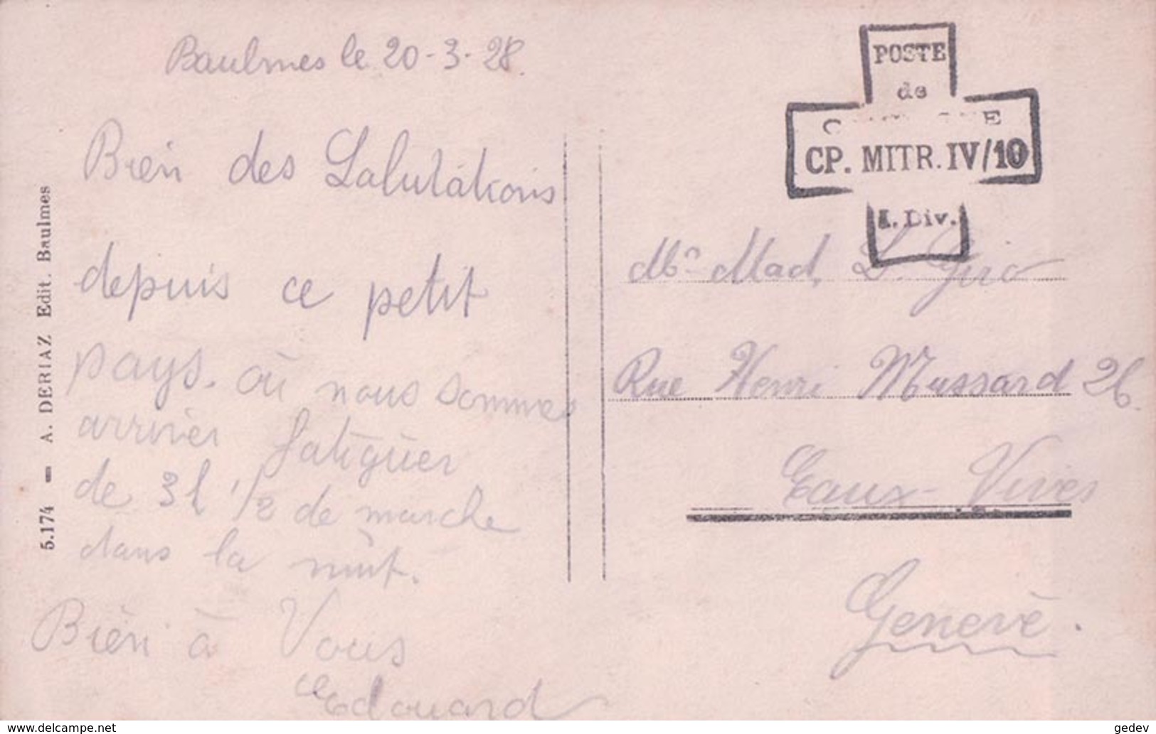 Baulmes VD, Cachet Militaire, "Poste De Campagne CP  Mitr." Dans Une Croix (20.3.28) - Baulmes